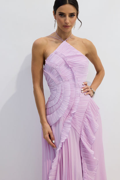 Nina Asymmetry Pleated Halterneck Midi Dress