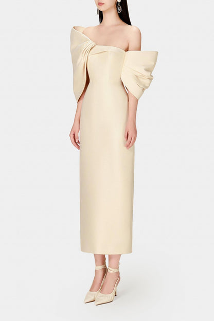 Bow Off-Shoulder Asymmetrical Midi Dress