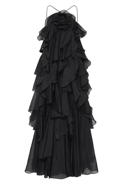 3D Flower Halter Neck Frill Maxi Dress