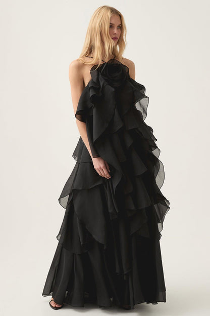 3D Flower Halter Neck Frill Maxi Dress