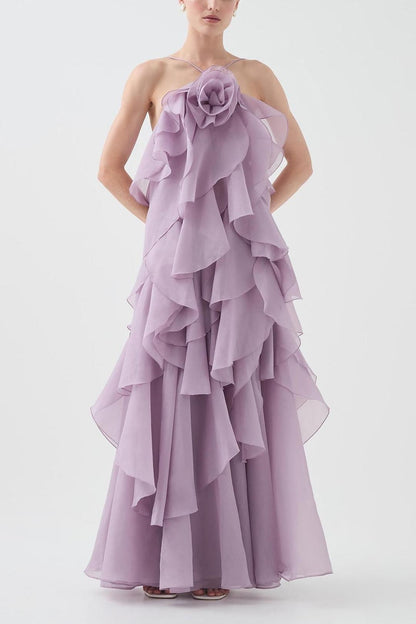 3D Flower Halter Neck Frill Maxi Dress