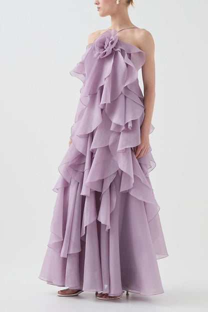 3D Flower Halter Neck Frill Maxi Dress