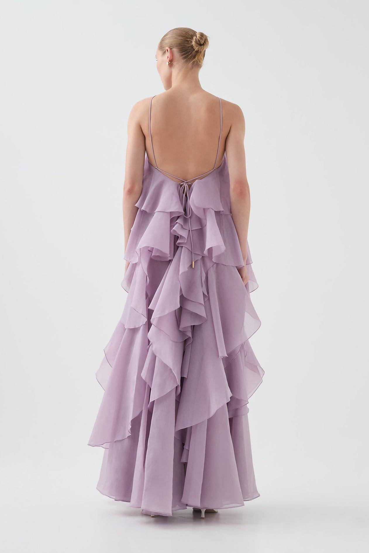 3D Flower Halter Neck Frill Maxi Dress