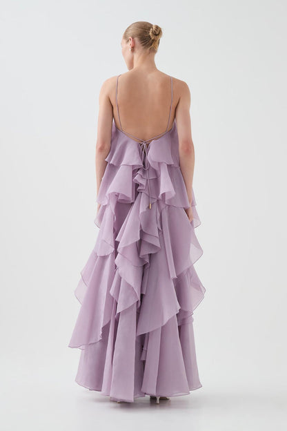 3D Flower Halter Neck Frill Maxi Dress