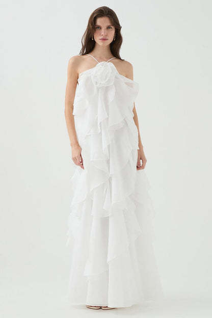 3D Flower Halter Neck Frill Maxi Dress