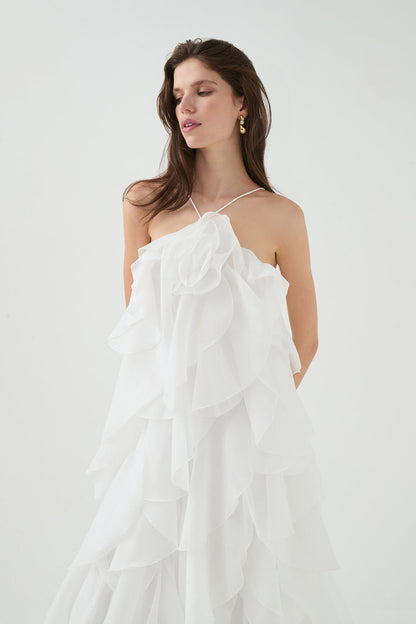 3D Flower Halter Neck Frill Maxi Dress