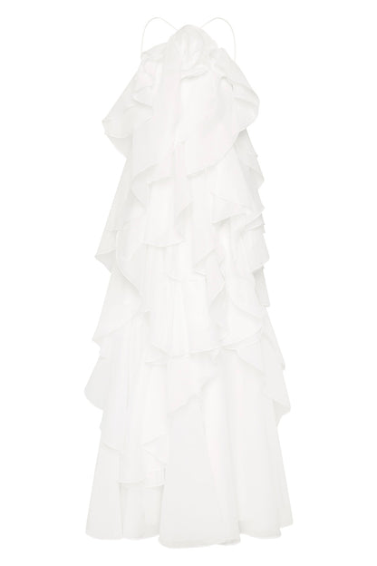 3D Flower Halter Neck Frill Maxi Dress