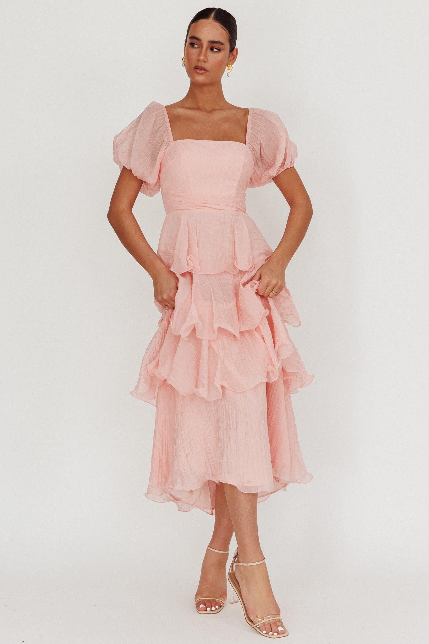 Chiffon Ruffle Square Collar Midi Dress