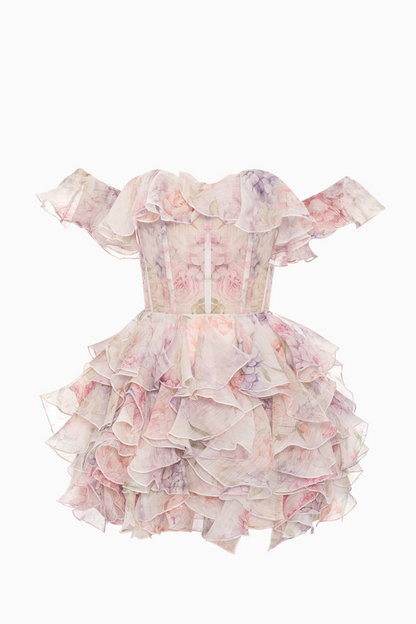 Floral Chiffon Off-Shoulder Mini Dress