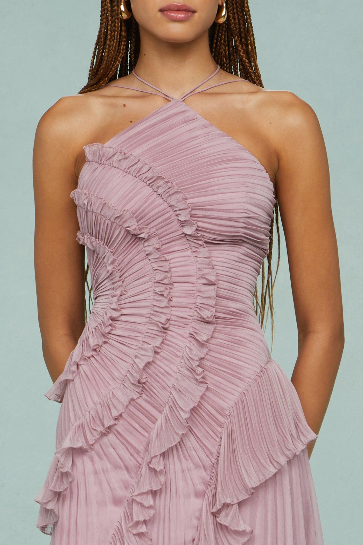 Pleated Frill Halter Neck Midi Dress Noveify Pleated Frill Halter Neck Midi Dress Noveify