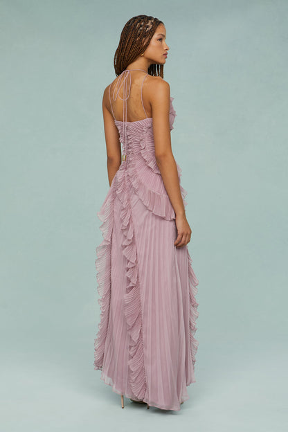 Pleated Frill Halter Neck Midi Dress