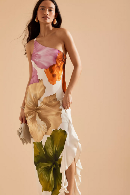 Floral Ruffle One-Shoulder Midi Dress