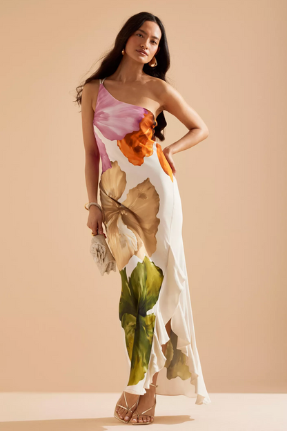Floral Ruffle One-Shoulder Midi Dress