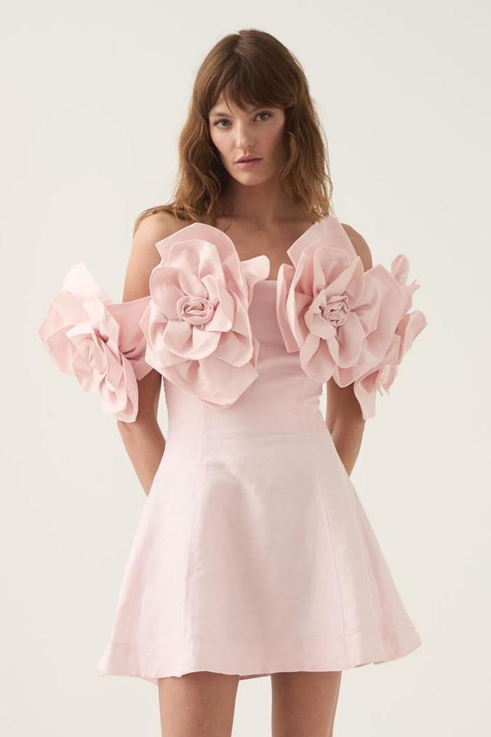 3D Flower Solid Off-Shoulder Mini Dress