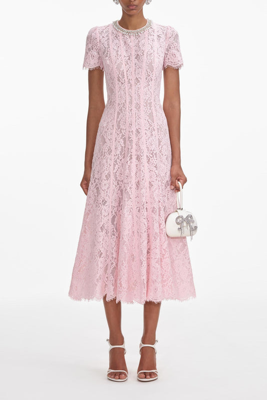 Rhinestone Faux Pearl Lace Midi Dress