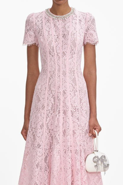 Rhinestone Faux Pearl Lace Midi Dress