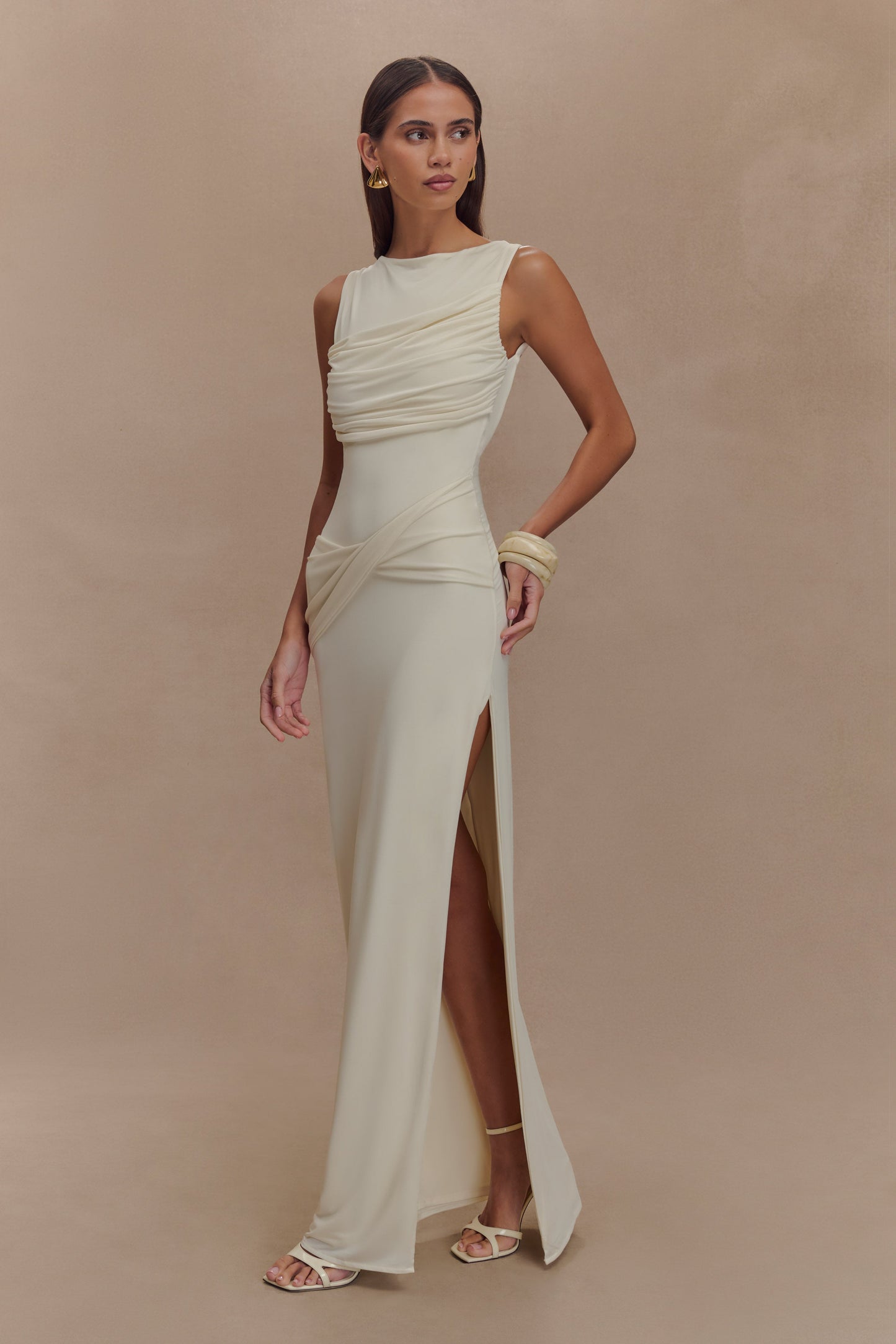 Solid Gathering Split Maxi Dress