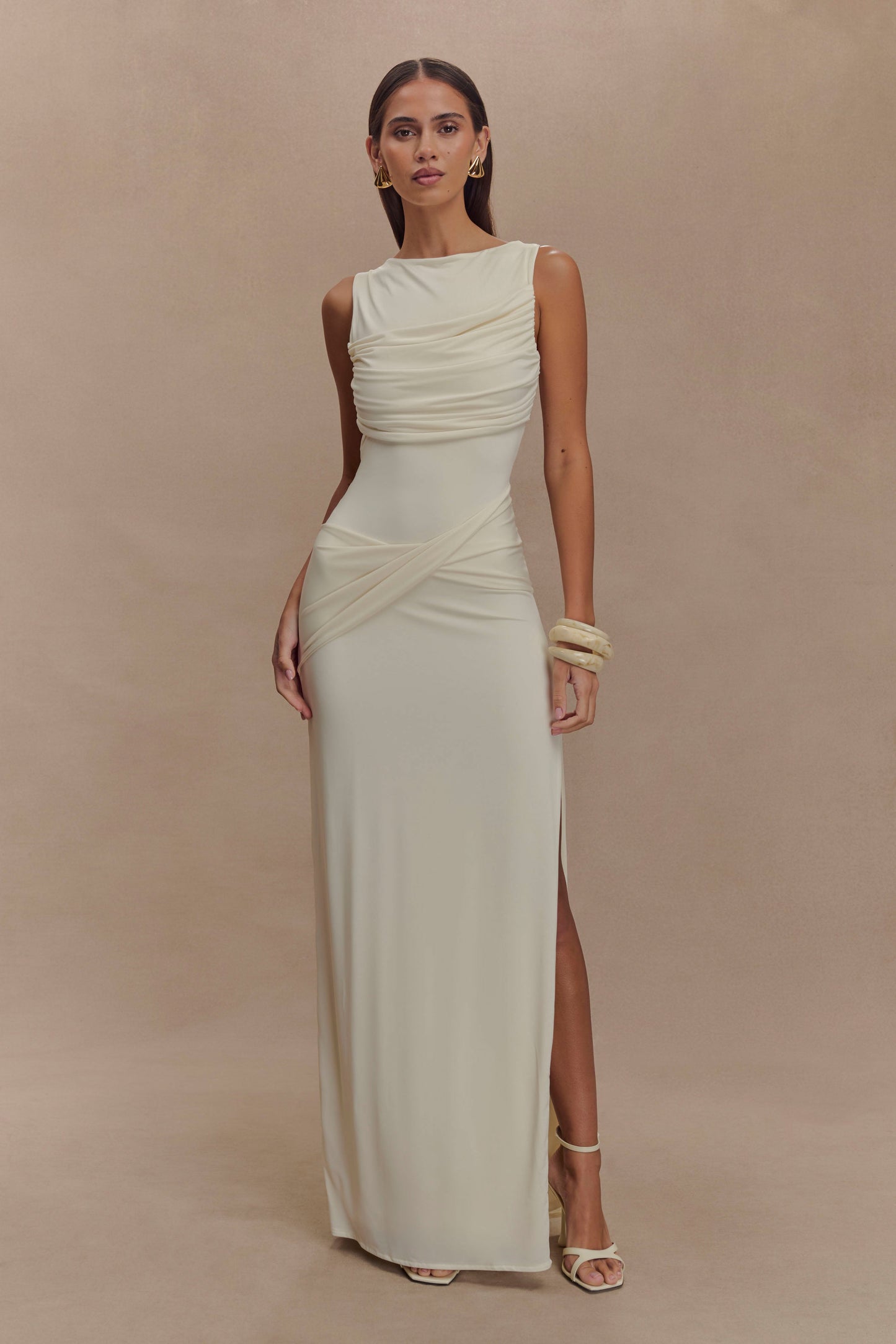 Solid Gathering Split Maxi Dress