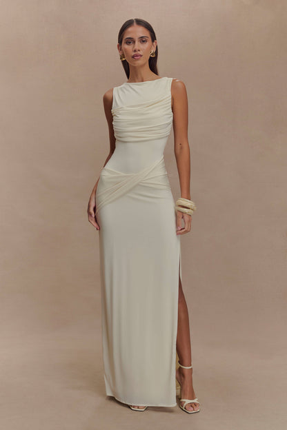 Solid Gathering Split Maxi Dress