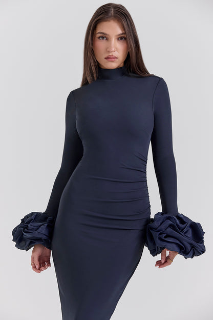 Jersey Puff Sleeve Ruched Maxi Dress