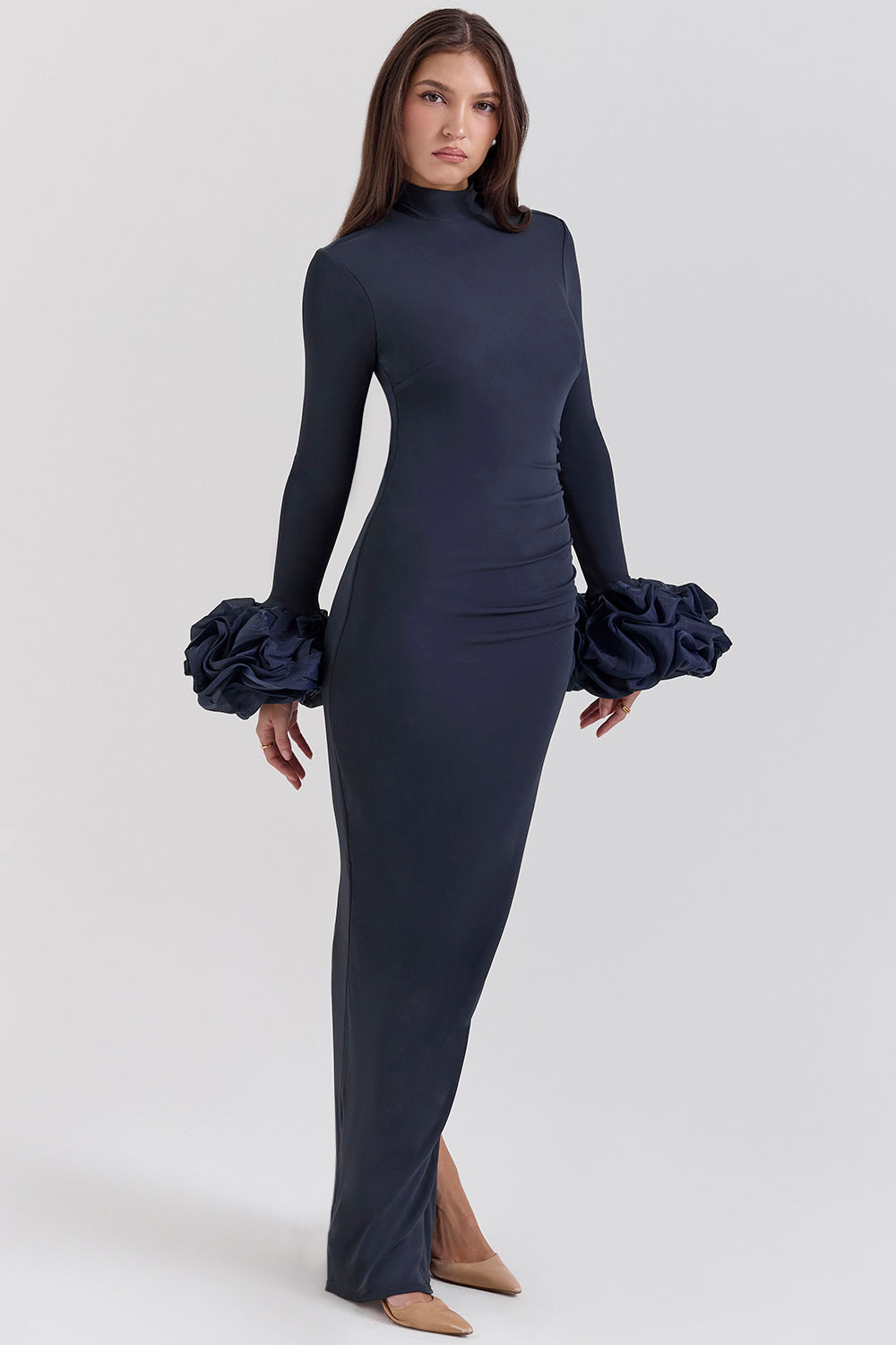 Jersey Puff Sleeve Ruched Maxi Dress