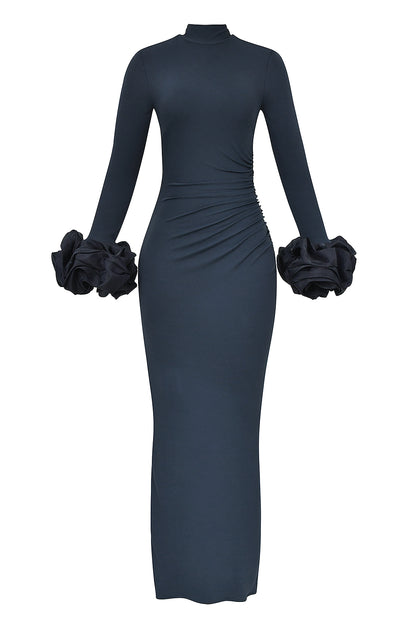 Jersey Puff Sleeve Ruched Maxi Dress