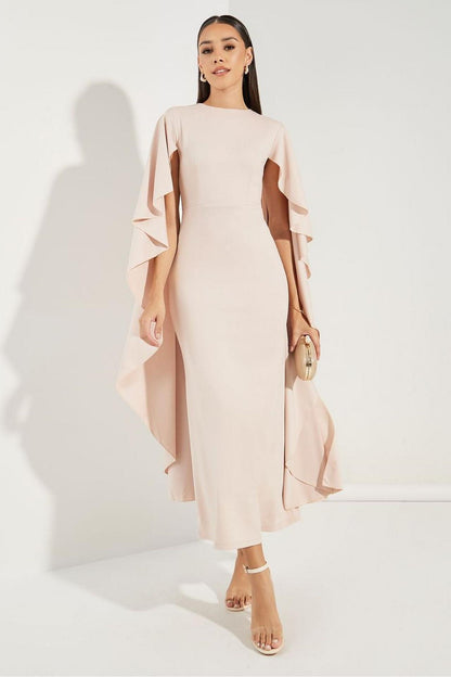Solid Round Neck Cape Sleeve Midi Dress
