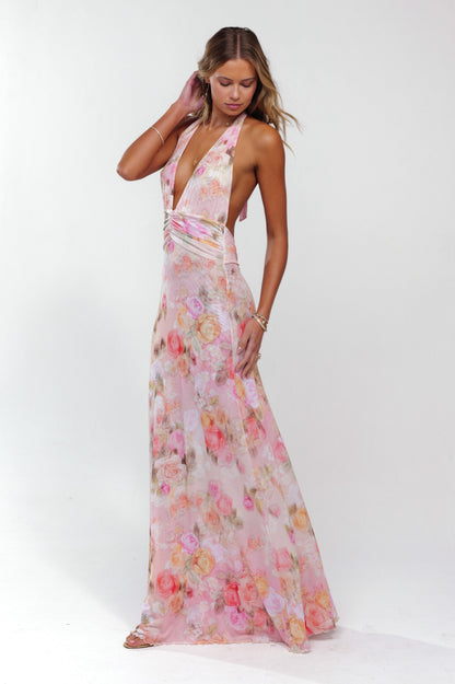 Floral Gathering Halter Neck Maxi Dress