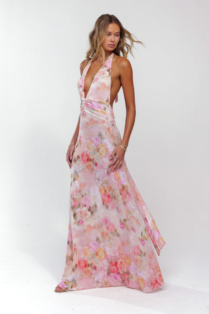 Floral Gathering Halter Neck Maxi Dress