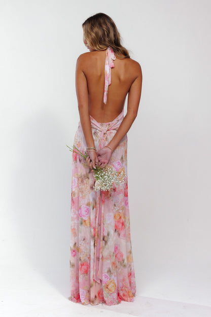 Floral Gathering Halter Neck Maxi Dress