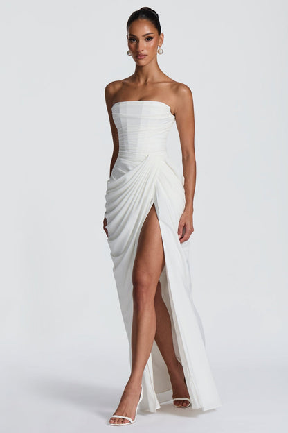 Chiffon Ruched Strapless Slit Midi Dress
