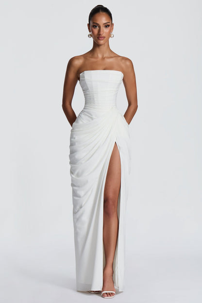 Chiffon Ruched Strapless Slit Midi Dress