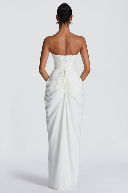 Chiffon Ruched Strapless Slit Midi Dress