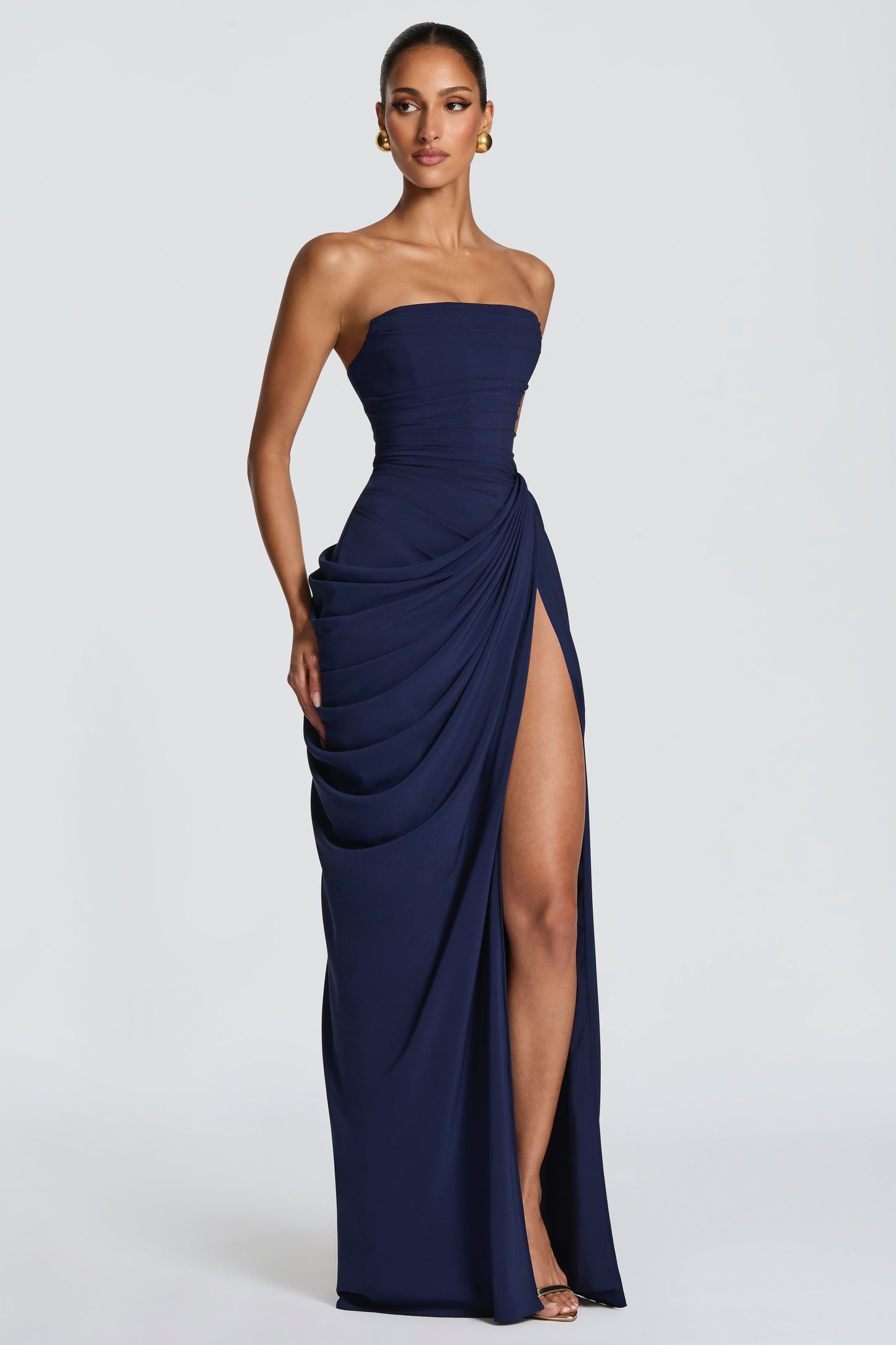 Chiffon Ruched Strapless Slit Midi Dress