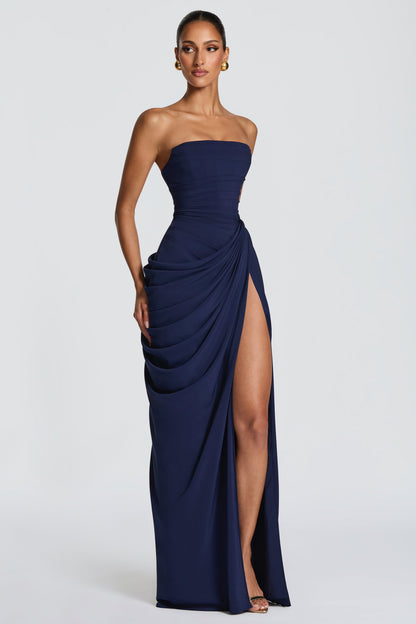 Chiffon Ruched Strapless Slit Midi Dress