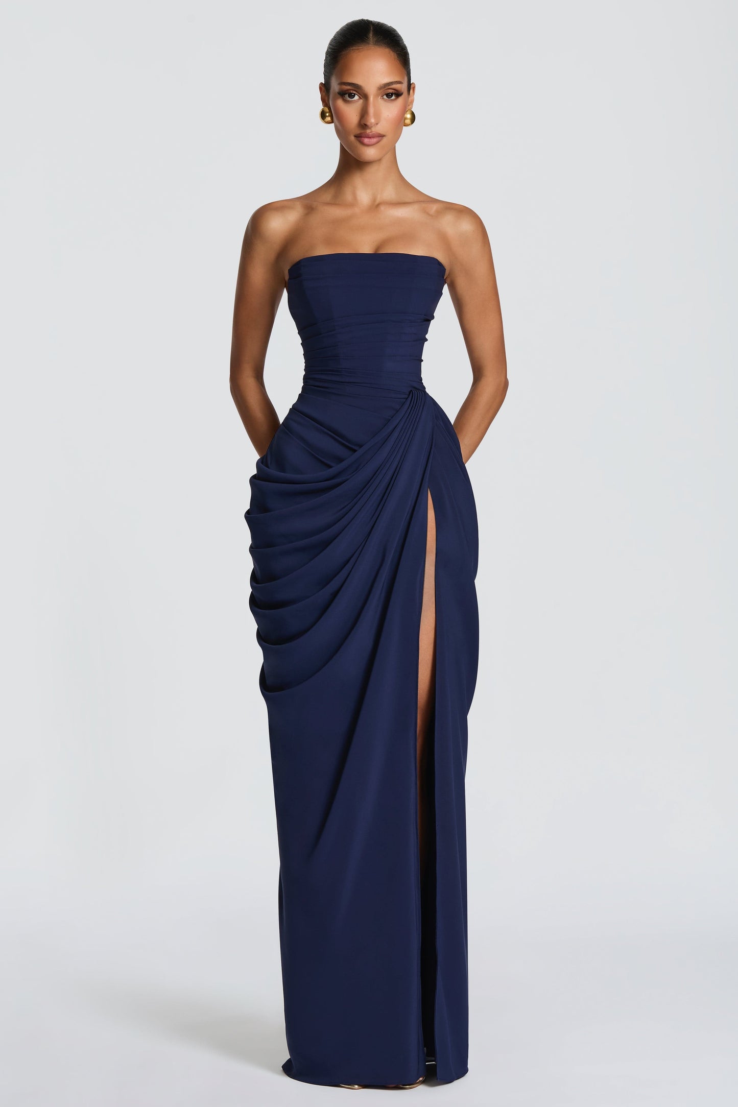 Chiffon Ruched Strapless Slit Midi Dress