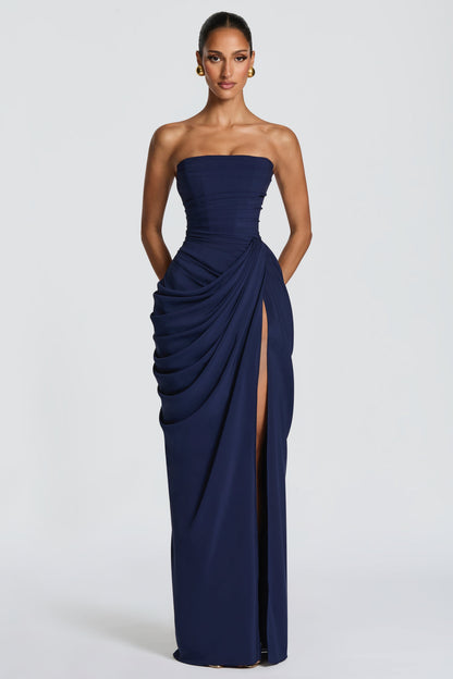 Chiffon Ruched Strapless Slit Midi Dress