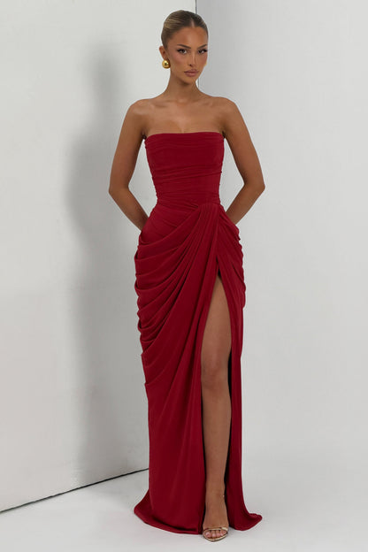 Chiffon Ruched Strapless Slit Midi Dress