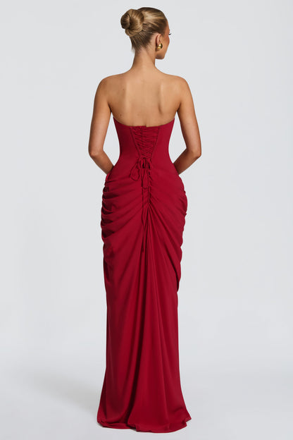 Chiffon Ruched Strapless Slit Midi Dress
