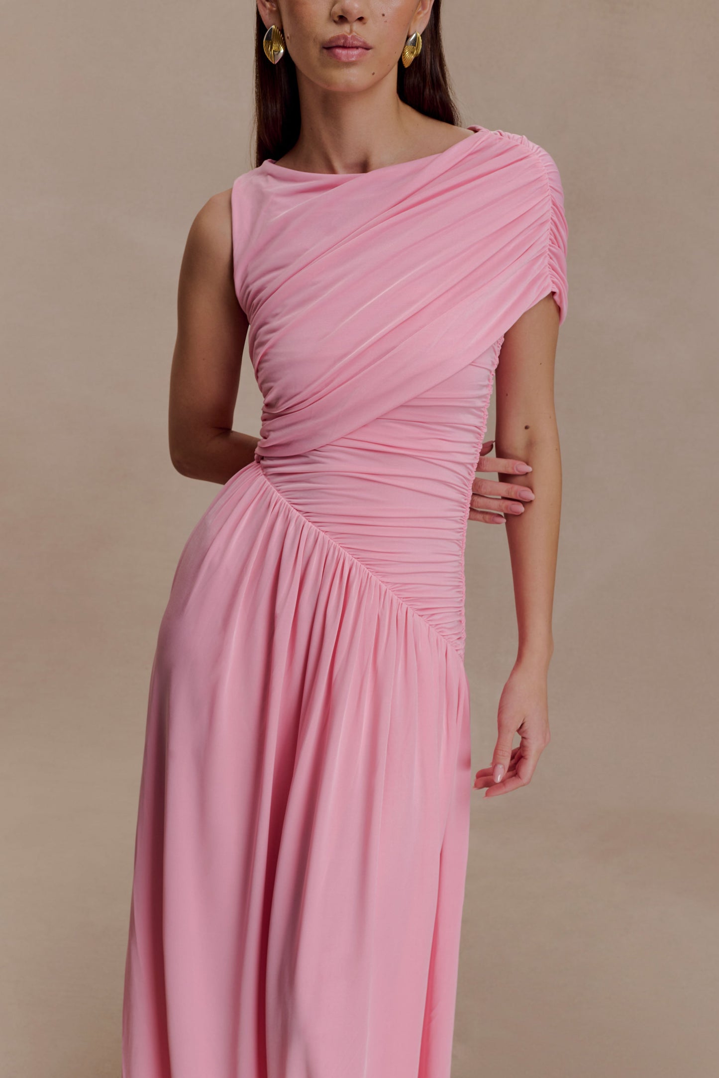 Solid Ruched Asymmetric Maxi Dress