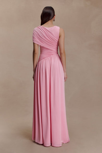 Solid Ruched Asymmetric Maxi Dress