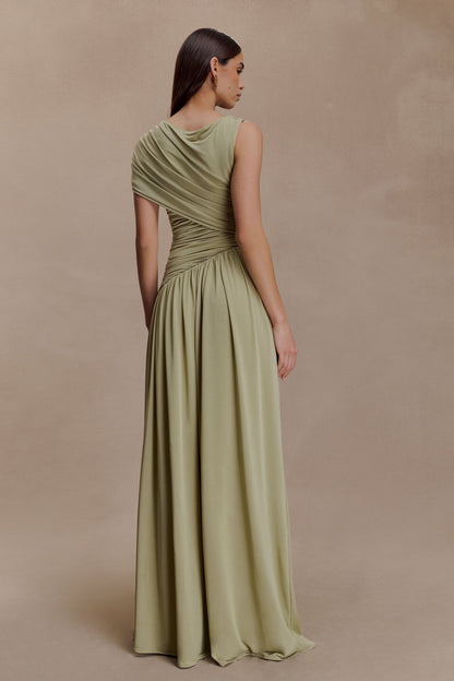 Solid Ruched Asymmetric Maxi Dress