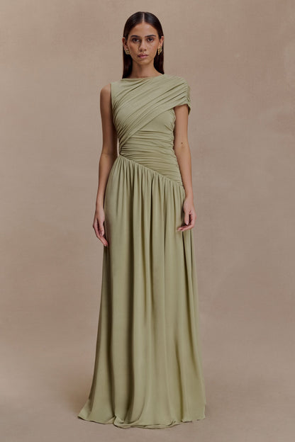 Solid Ruched Asymmetric Maxi Dress