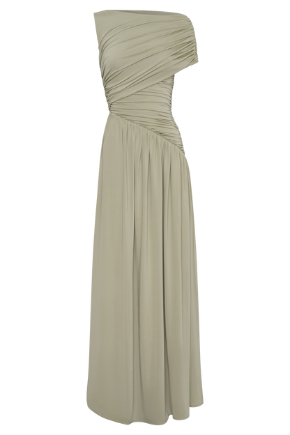 Solid Ruched Asymmetric Maxi Dress