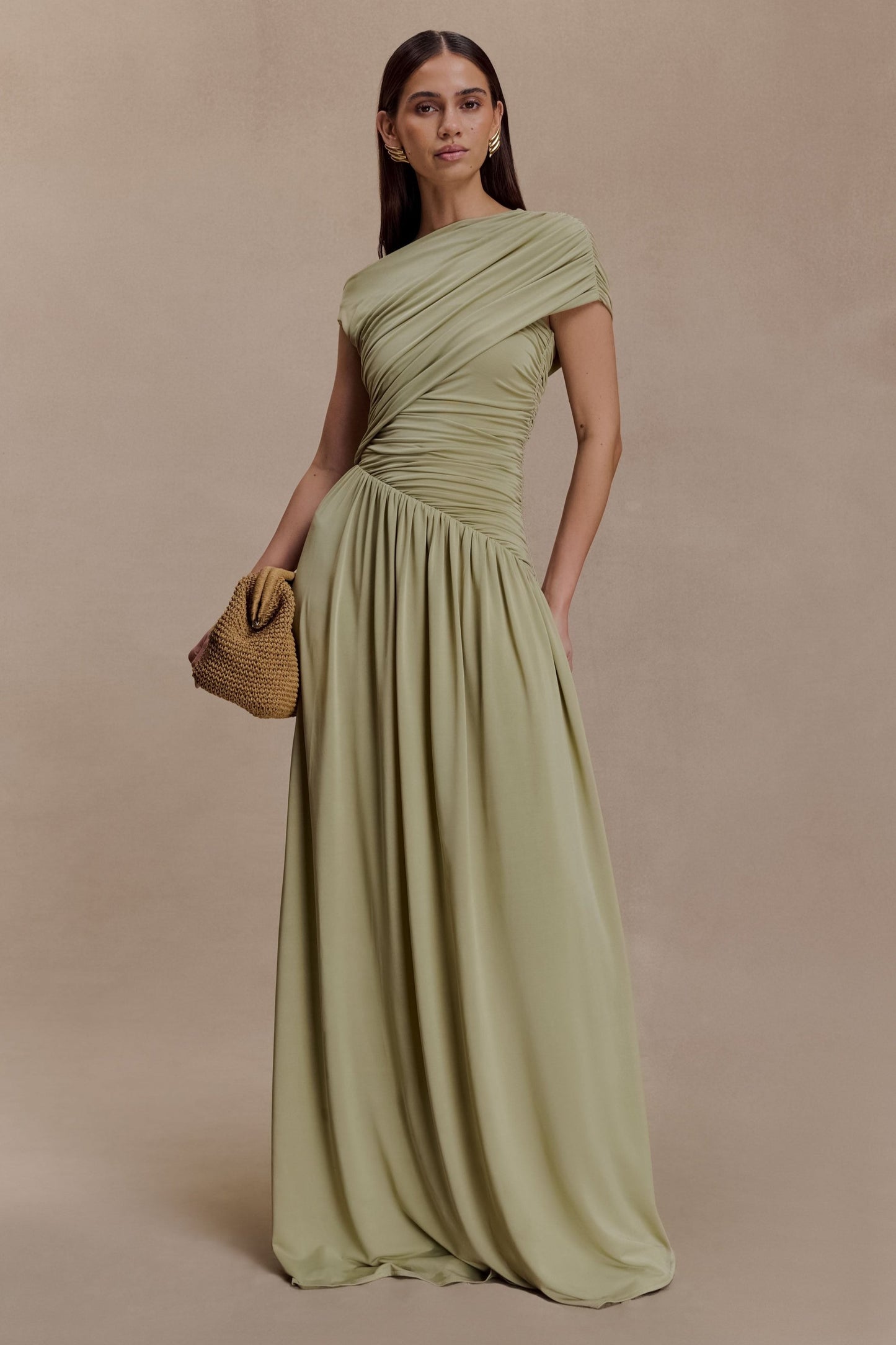 Solid Ruched Asymmetric Maxi Dress