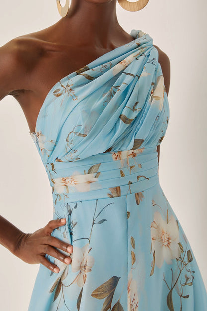 One Shoulder Floral Print Pleat Midi Dress