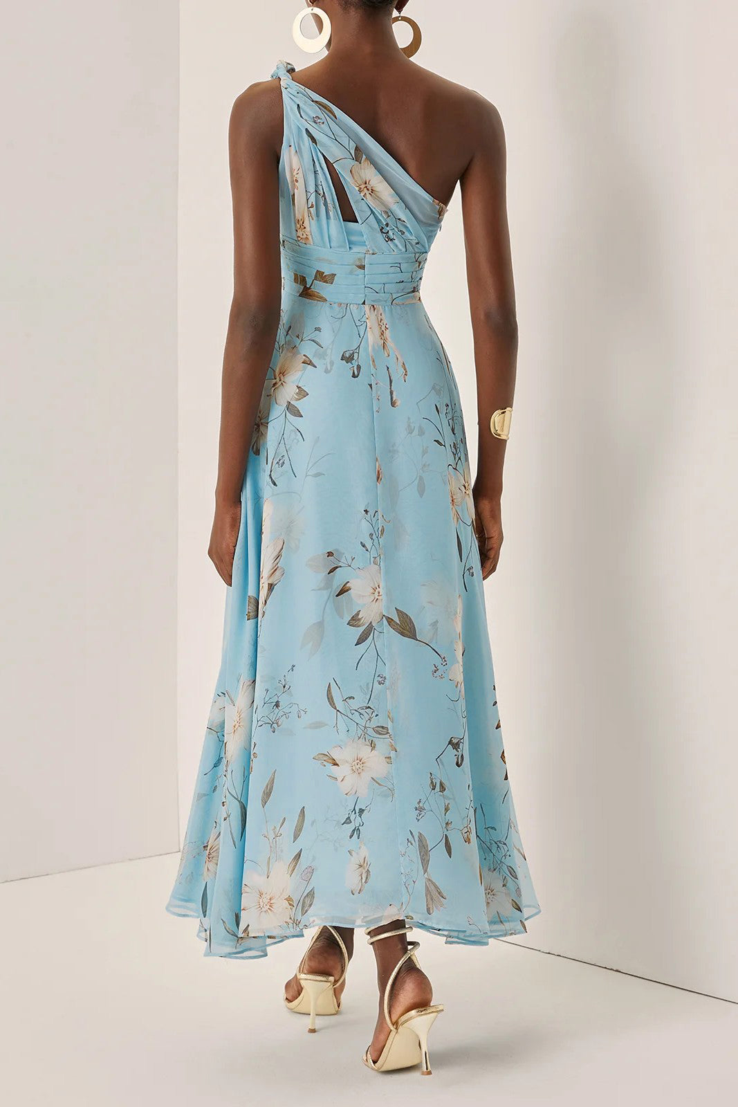 One Shoulder Floral Print Pleat Midi Dress