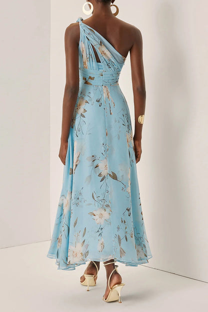 One Shoulder Floral Print Pleat Midi Dress