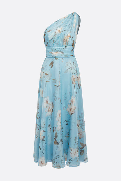 One Shoulder Floral Print Pleat Midi Dress