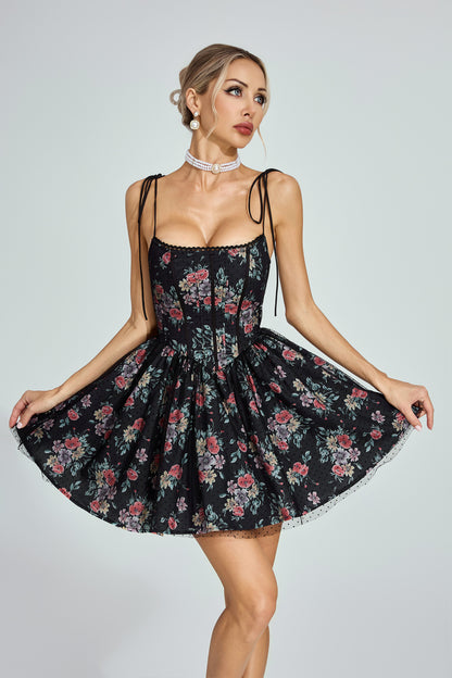 Johnson Black Floral Tulle Mini Dress